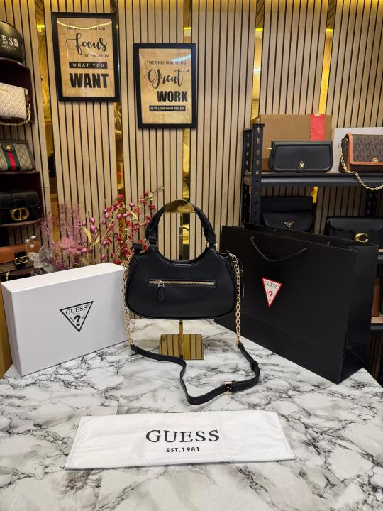 Guess Faux Leather Handbag With Box And Dust Bag Including Carry Bag (Black)