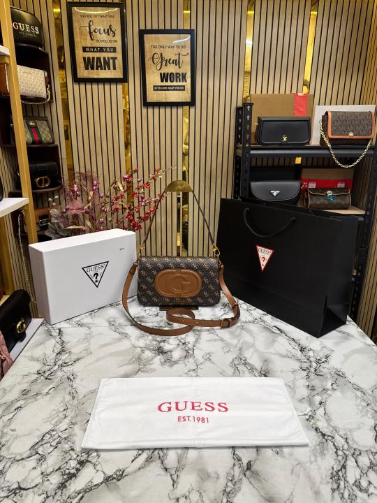 Guess Womens Eco Mietta Flap Shoulder Bag with box and dust bag including carry bag (Brown)