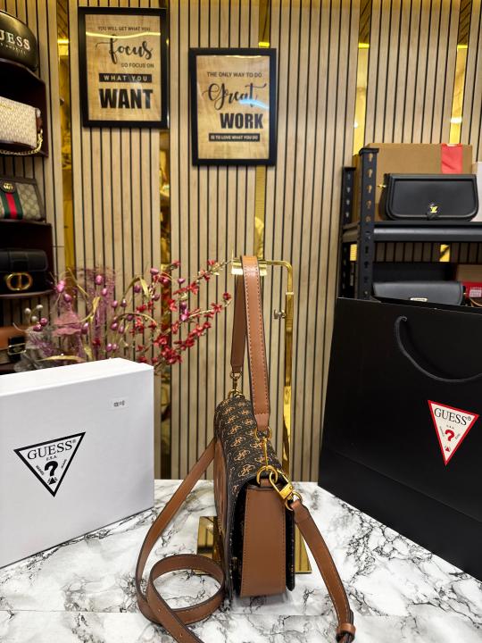 Guess Womens Eco Mietta Flap Shoulder Bag with box and dust bag including carry bag (Brown)