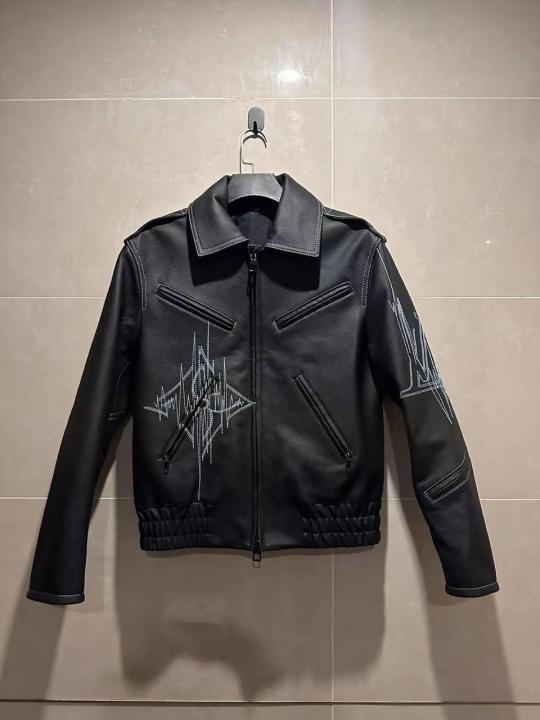 .Louis.Vuitton.Imported.Leather.Fabric.All.Over.Embroidery.Designer.Heavy.Jacket.MR106